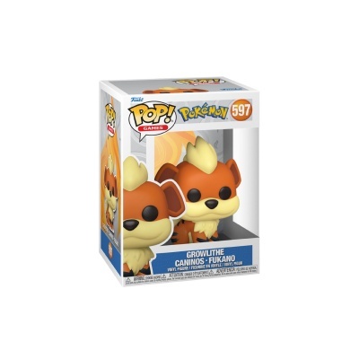 Figura Funko Pop do personagem Growlithe da série Pokémon em caixa transparente.