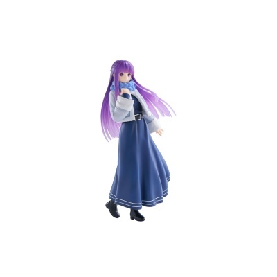 Figura colecionável de personagem anime com vestido azul e cabelo roxo.