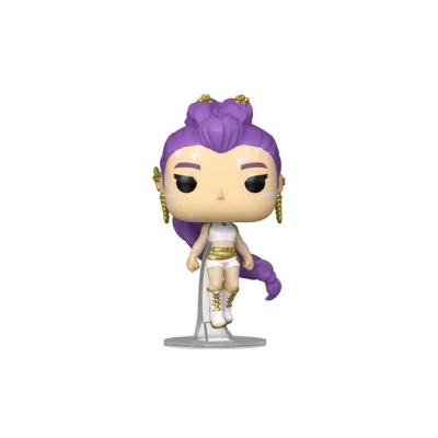 Figura Funko Pop com cabelo roxo e roupas brancas e douradas