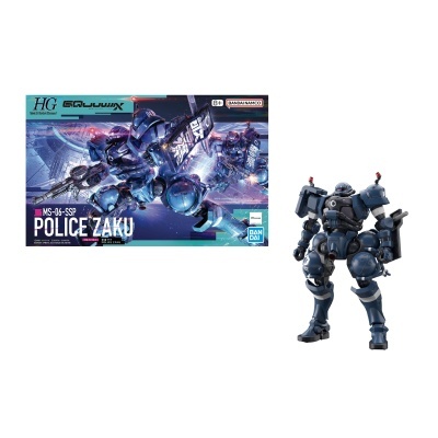 Modelo do robô Police Zaku azul escuro da Bandai Namco com caixa à esquerda