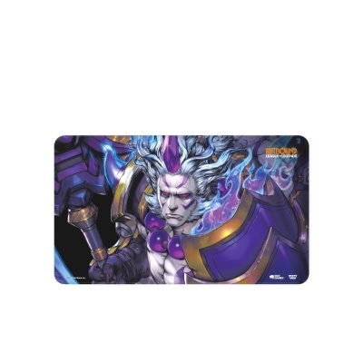 Tapete para rato com personagem do jogo League of Legends com cores roxo, dourado e azul