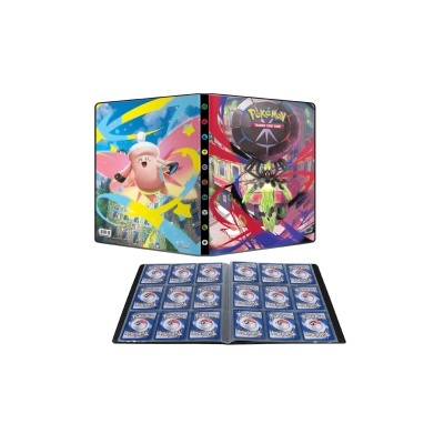 Álbum coletor do jogo de cartas Pokémon com capa colorida e cartas Pokémon visíveis.