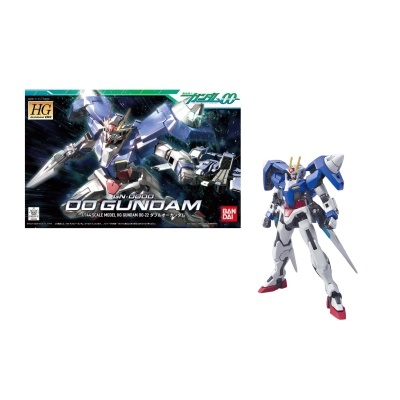 Boneco modelo 1/144 do Gundam 00 com caixa e figura detalhada.