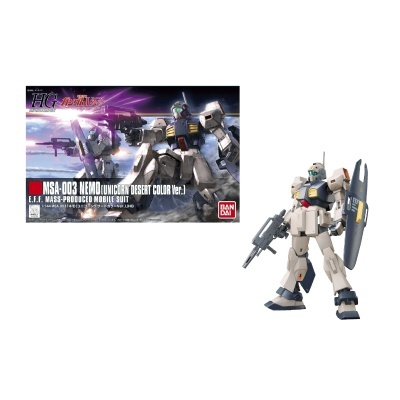 Caixa de kit de montagem HG MSA-003 Nemo da Bandai com desenho do robô móvel em cores deserto