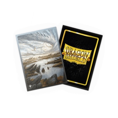 Duas sleeves para cartas com uma ilustração de paisagem e outra preta com texto DRAGON SHIELD amarelo