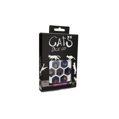 Conjunto de dados Cats Dice Set com dados azuis e dourados em caixa preta com desenhos de gatos