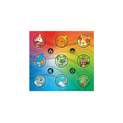 Cartaz colorido com personagens Pokémon e ícones de elementos