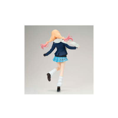 Figura de ação feminina de costas com cabelo loiro e rosa e roupa escolar azul