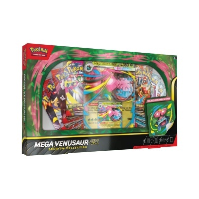 Caixa do jogo Pokémon Mega Venusaur ex com cartas e autocolante