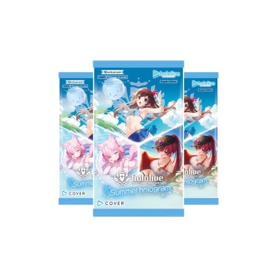 Pacote de cartas Hololive Summer hologram com personagens anime e texto em inglês
