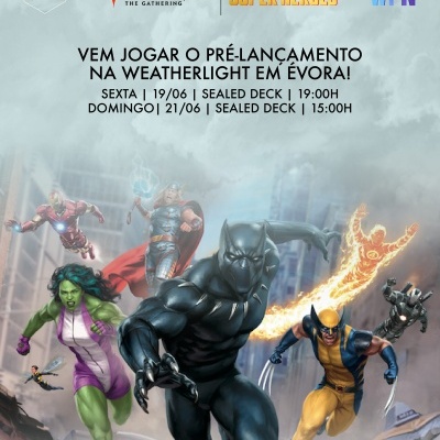 Cartaz dos personagens da Marvel no anúncio de jogo Magic The Gathering versus Marvel Super Heroes