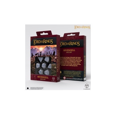 Caixa de conjunto de dados RIVENDELL de The Lord of the Rings com design bordeaux e ilustração da Terra Média