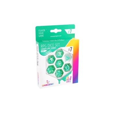 Conjunto de dados RPG transparente verde com números brancos em embalagem colorida