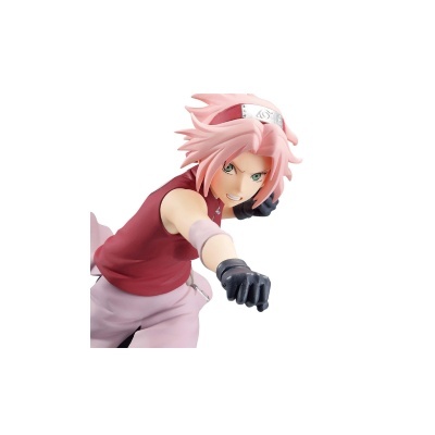 Figura colecionável anime cabelo rosa roupa vermelha e rosa clara punho estendido