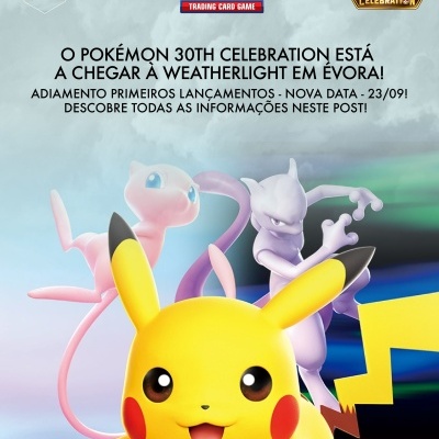 Promoção Pokémon 30th Celebration com personagens Pikachu, Mew e Mewtwo e texto em português.