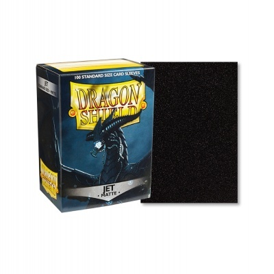 Caixa de protetores para cartas Dragon Shield com desenho de dragão preto e protetor preto fosco ao lado