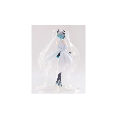 Figura anime com vestido branco e cabelo azul e preto em base transparente