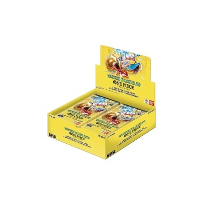 Expositor amarelo com pacotes do jogo de cartas One Piece Adventure on Kamis Island