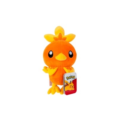 Pelúcia de pássaro laranja e amarelo com etiqueta Pokémon