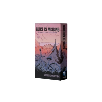Caixa do jogo de tabuleiro Alice Is Missing Silent Falls Expansion com ilustração campestre ao entardecer