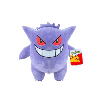 Pelúcia do personagem Gengar roxa com olhos vermelhos e grande sorriso