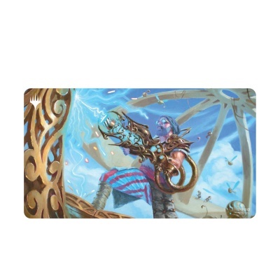 Tapete com imagem de guerreiro azul com armadura e arma mágica em cenário de céu e madeira