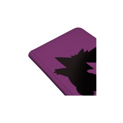 Capa ou estojo roxo com estampa preta de um animal ou personagem, fundo branco.