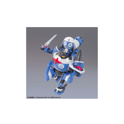 Figura de ação robô azul e branco com detalhes vermelhos e espada prateada.