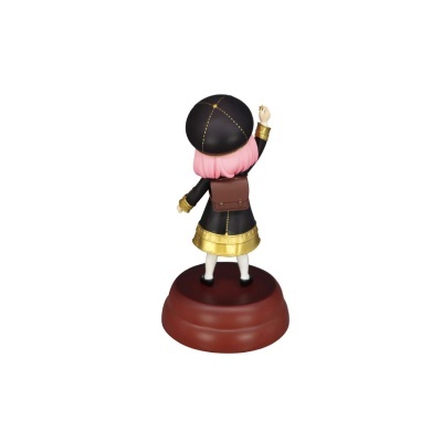 Figura colecionável de personagem com cabelo cor-de-rosa e vestido preto com dourado, vista de costas