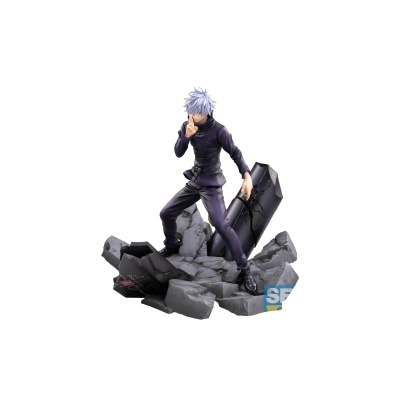 Figura colecionável de personagem masculino com roupa preta sobre base de escombros