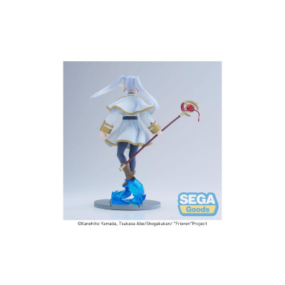Figura colecionável a segurar um cajado, com roupa branca e base azul