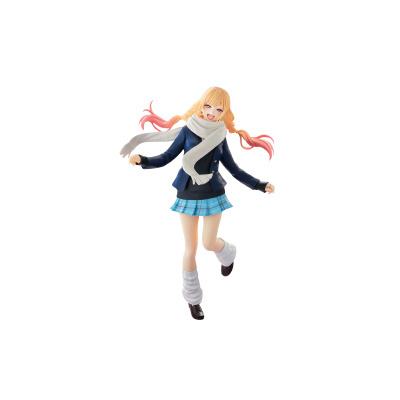 Figura de personagem anime feminina com casaco azul, saia azul aos quadrados e cachecol branco