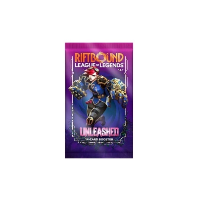 Pacote de booster de cartas Riftbound League of Legends Unleashed em roxo com personagem de cabelo vermelho e luvas metálicas.