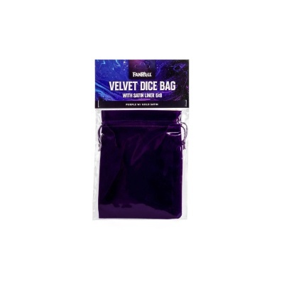 Saco de veludo roxo em embalagem com texto e fundo roxo abstrato.