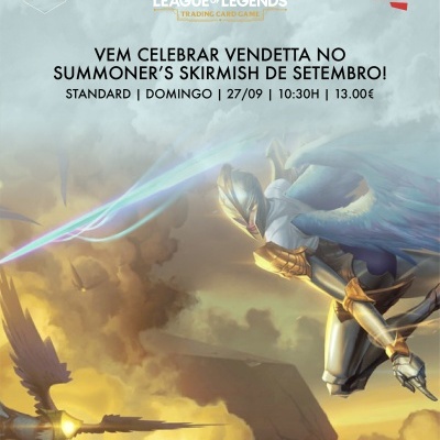 Promoção para jogo de cartas League of Legends com texto de evento em português e ilustração de personagem alado em armadura metálica.