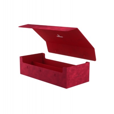 Estojo retangular vinho em veludo com tampa aberta e texto branco no interior