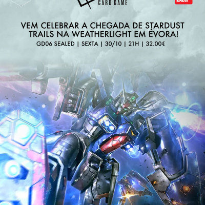 Cartaz promocional do Gundam Card Game com robô Gundam e texto de evento em português europeu.