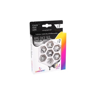 Conjunto de dados RPG Candy-Like em embalagem com 7 dados translúcidos brilhantes