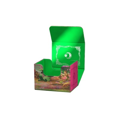Suporte para cartas de jogo em couro sintético com interior verde e exterior colorido.