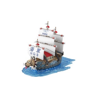 Modelo pequeno de navio pirata com velas e base azul simulando água