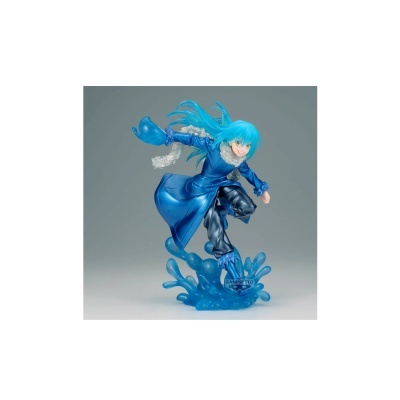 Figura colecionável de personagem anime com cabelo azul e base azul splash.