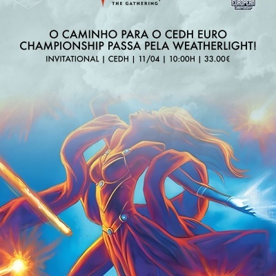Cartaz promocional Magic The Gathering com ilustração de figura feminina em vestido vermelho rodeada por luz e fogo.