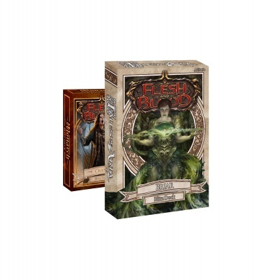 Caixas do jogo de cartas Flesh and Blood com ilustrações de personagens e texto em inglês.