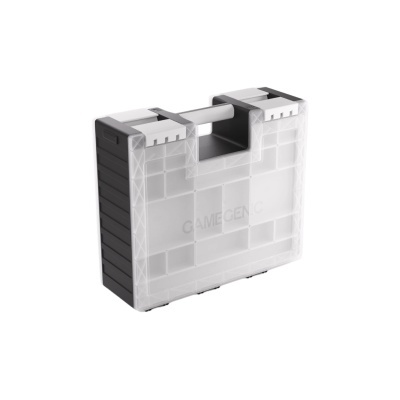 Caixa organizadora de plástico transparente com tampa branca e pega central