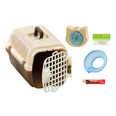 Conjunto para pets com transportadora, relógio, tubo, rolo e etiqueta