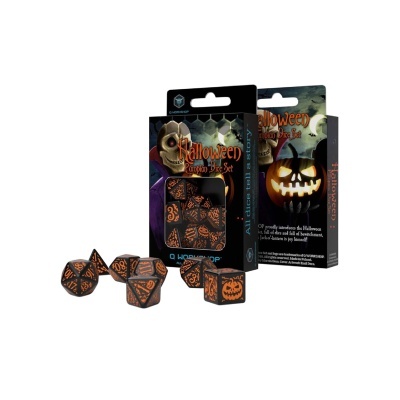 Caixa de jogo de dados Halloween preto e laranja com ilustração temática