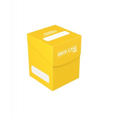 Caixa amarela para cartas com texto DECK CASE 100 e espaços para escrita