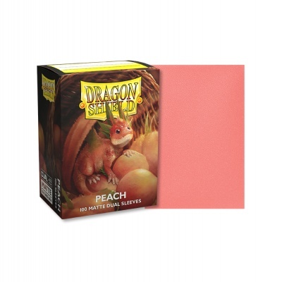 Caixa de sleeves Dragon Shield Peach com uma sleeve pêssego ao lado