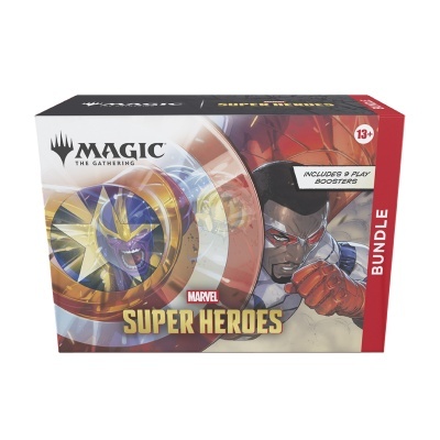 Caixa do jogo Magic The Gathering Marvel Super Heroes com ilustrações coloridas de super-heróis