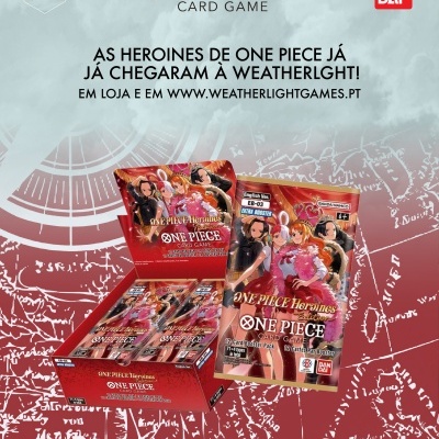 Embalagem do jogo de cartas One Piece Heroines Edition com personagens femininas em fundo vermelho e cinzento